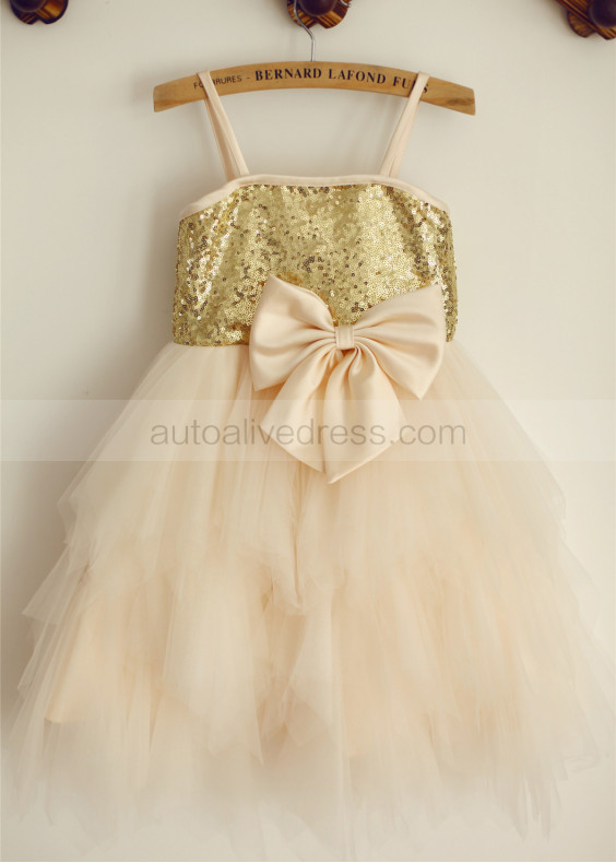 Spaghetti Straps Gold Sequin Champagne Tulle Ruffled Flower Girl Dress